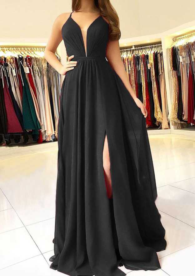 Robe de bal trapèze/princesse en mousseline de soie, longue, sans manches, col festonné